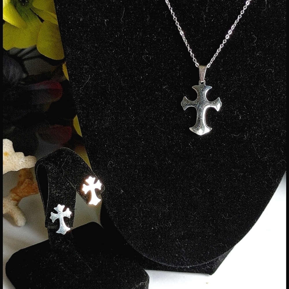 Silver Stainless Cross Necklace Earrings Set